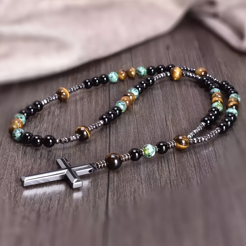 Men's Obsidian Tiger Eye Cross Pendant Necklace, Beaded